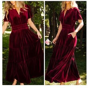 Burgundy Velvet Tiered Smocked Formal Maxi Dress
